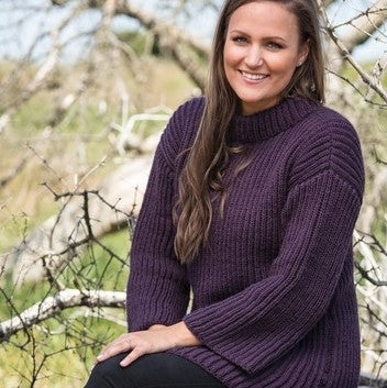 1665 – Women’s sweater in fisherman’s rib in eggplant Mayflower Easy Care Classic.